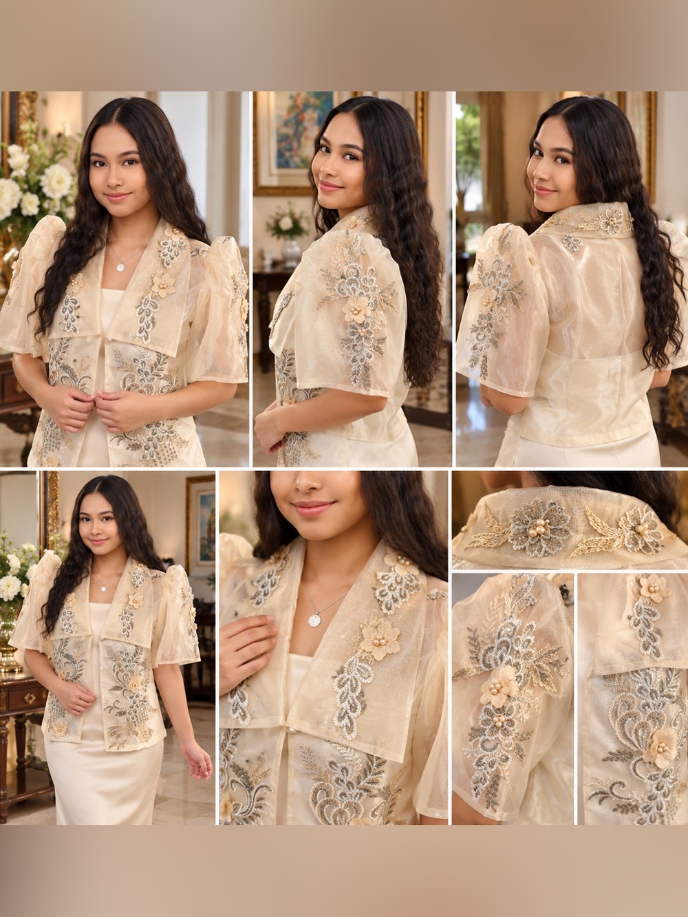 Filipiniana Barong Tagalog Embroidered Organza Bolero Ivory Gold Silver Floral